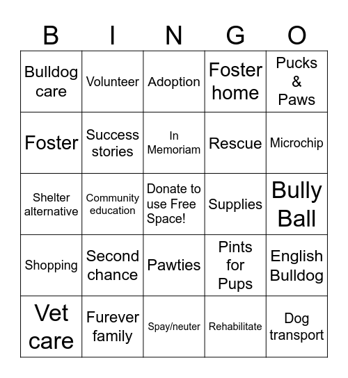 GA English Bulldog Rescue Bingo Card