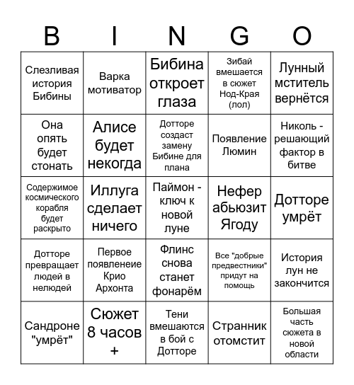 Бинго финала Нод-Края (акты 7 и 8) Bingo Card