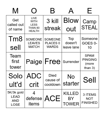 MOBA Bingo Card