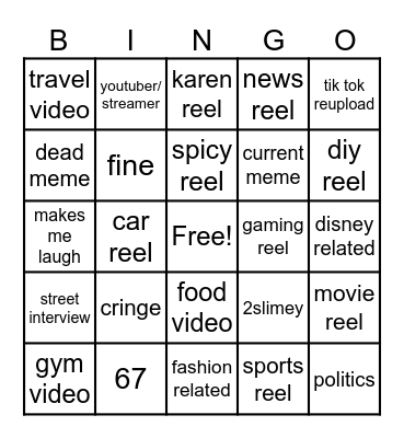 Instagram reel bingo Card