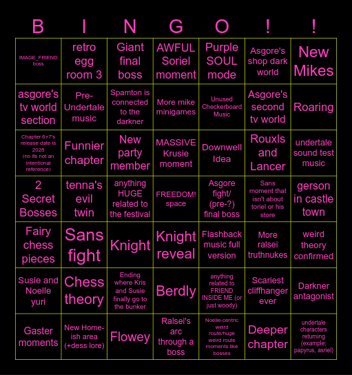 giant DELTARUNE chapter 5 prediction BINGO Card