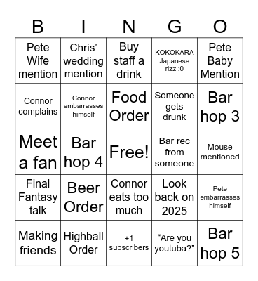 Connor and Pete Drinking Stream Bingo Card