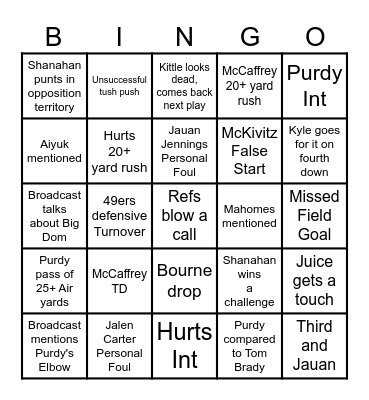 49ers Eagles Playoffs Bingo Card