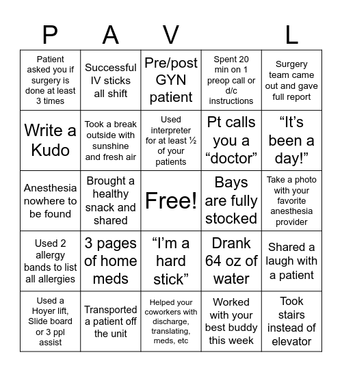 Peri-Op Week Bingo 2026 Bingo Card