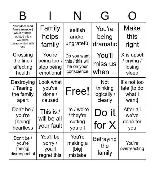 Narcissist Bingo Card