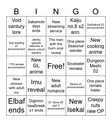 Animanga 2026 Bingo Card