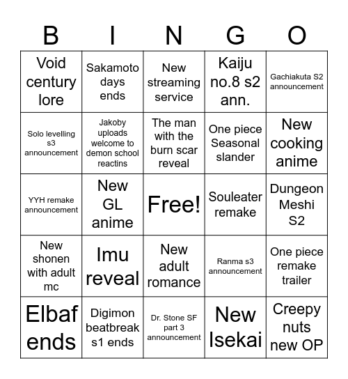 Animanga 2026 Bingo Card