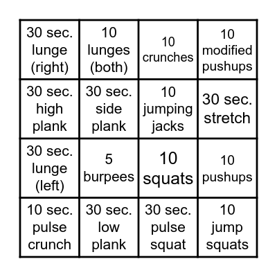 Fitness Bingo Card