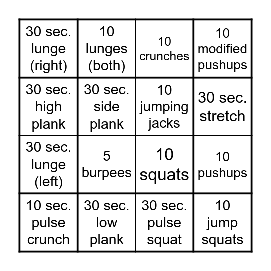 Fitness Bingo Card