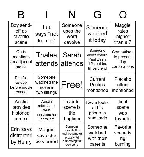 There will be Blood bingo Card