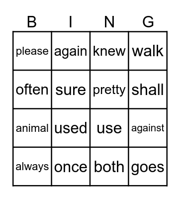 Trick Word Bingo Card