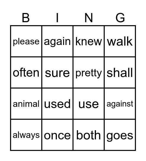 Trick Word Bingo Card