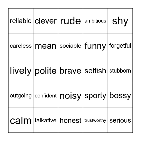 Personality Adjectives Bingo Card