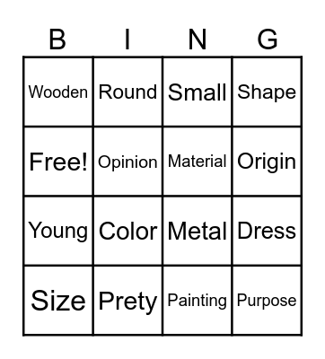 Adjective Oder Bingo Card