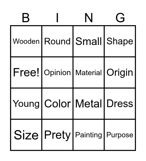 Adjective Oder Bingo Card