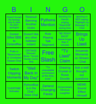 ZarlandRex Twitch BINGO Card