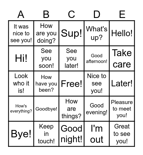 Greetings & Farewells Bingo Card