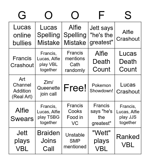 Goofball Bingo Card