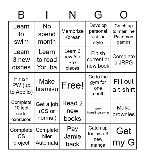 New Year Bingo Card