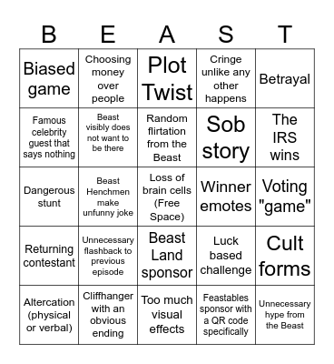 Beasting Bingo Card