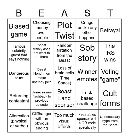 Beasting Bingo Card