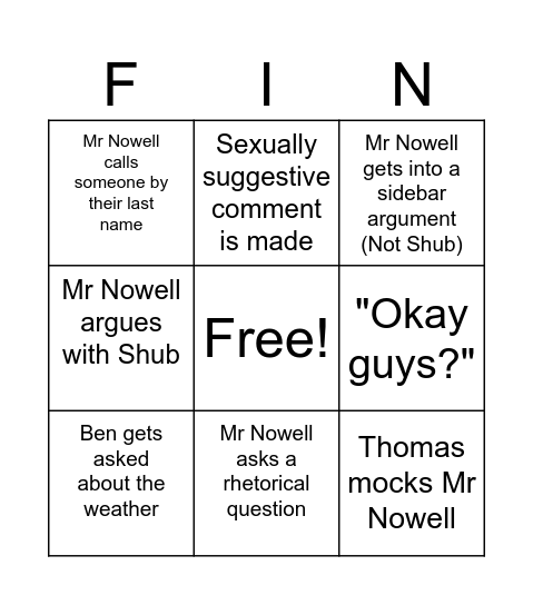 Fin Mat Bingo Card