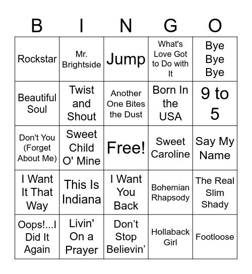 Throwback Hits BINGO Card