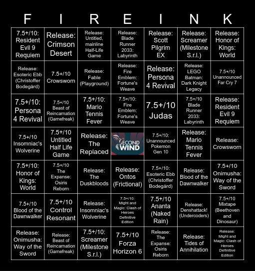 2026 Firelink Fantasy Draft Bingo: Hard Mode Bingo Card