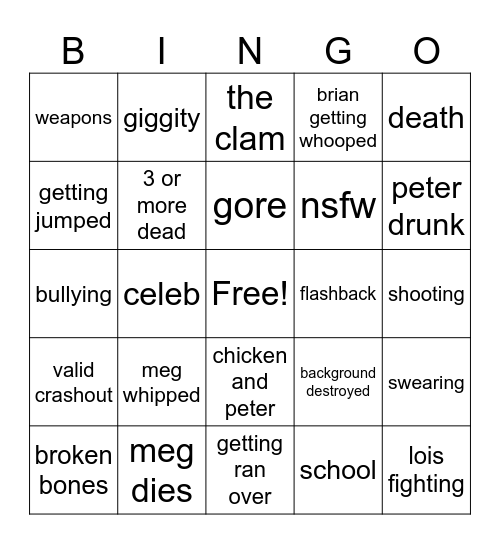 fam guy bingo Card