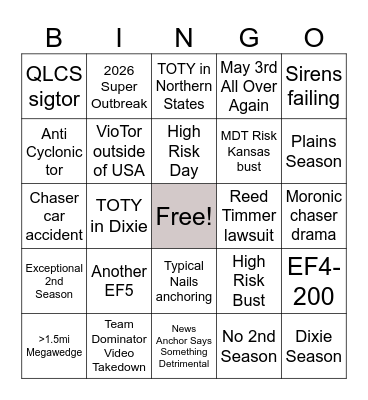 2026 Tornado Season Bingo Card