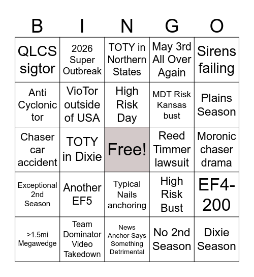 2026 Tornado Season Bingo Card
