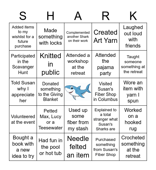 Susan's Fiber Retreat "BINGO" Bingo Card