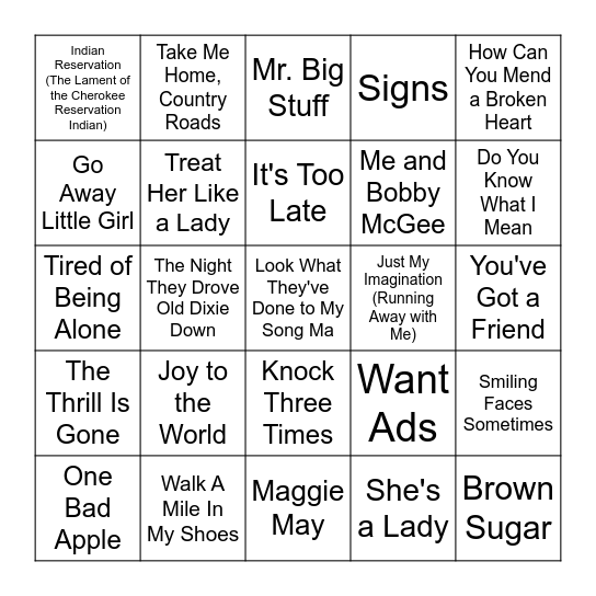70'S HITS VOL. 2 Bingo Card