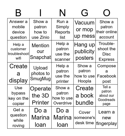 Children's Info Bingo Week 12/26/2016 Bingo Card
