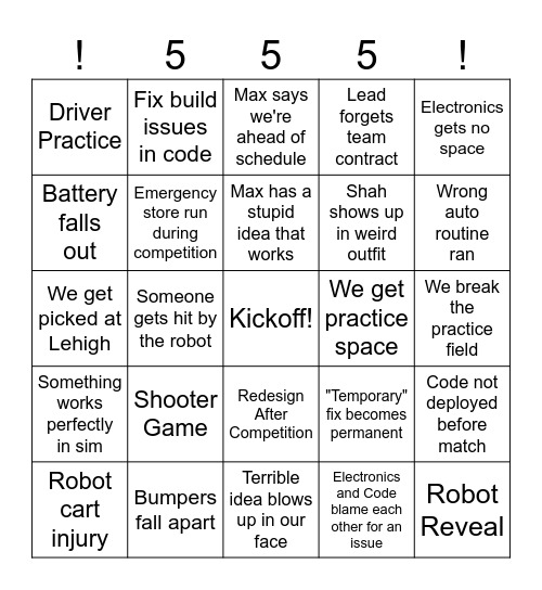 Unofficial 555 2026 Bingo Card
