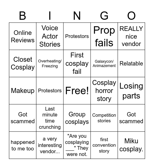 Cosplay Bingo Card