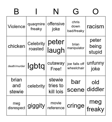 Family guy Bingo Card