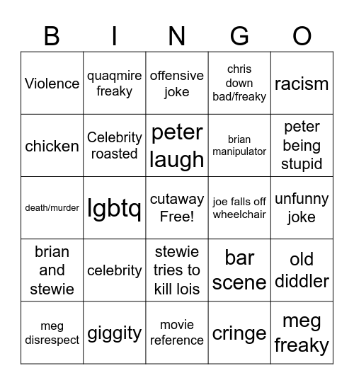 Family guy Bingo Card