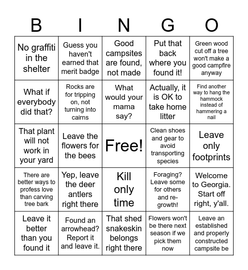 LNT:  LWYF, Snarky Version Bingo Card
