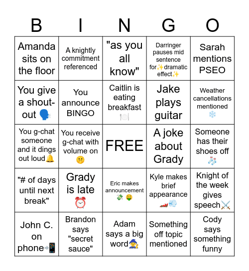 River Lab Staff Meeting Bingo Card