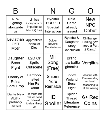 Limbus Company Canto 9 Part 3 Bingo Card