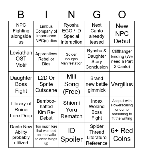 Limbus Company Canto 9 Part 3 Bingo Card