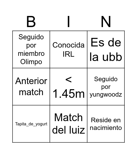 Tinderazo Bingo Card
