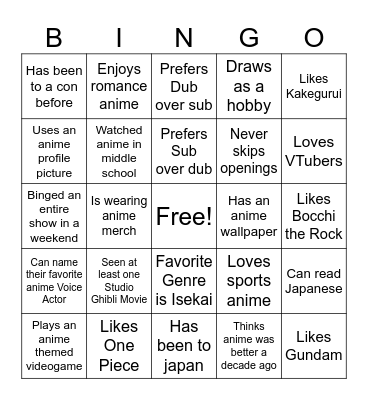Anime and Gaming Society Bingo 2026 Bingo Card