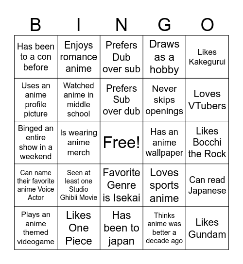 Anime and Gaming Society Bingo 2026 Bingo Card