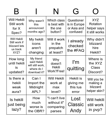 Hekili Patch Day Bingo Card