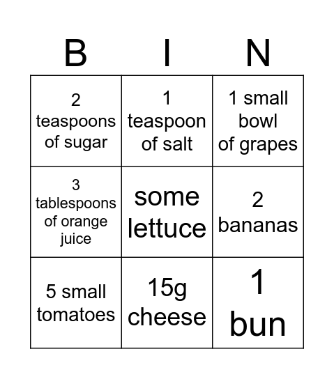 HFH Cooking Bingo Card