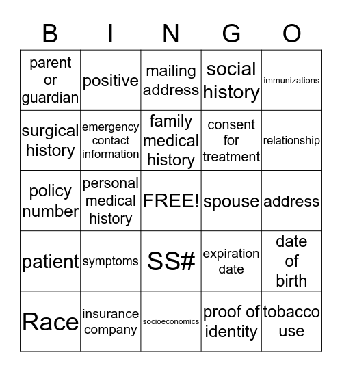 Filling Out Medical Forms Bingo Card
