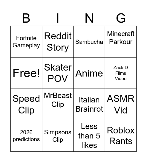 YT Shorts Bingo Card