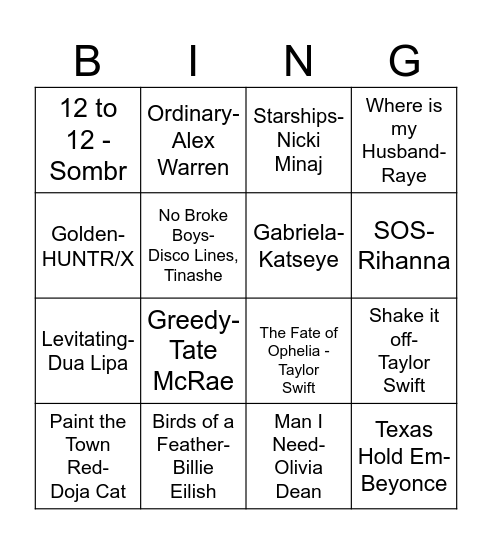 Jada's 16 Birthday Bingo Card